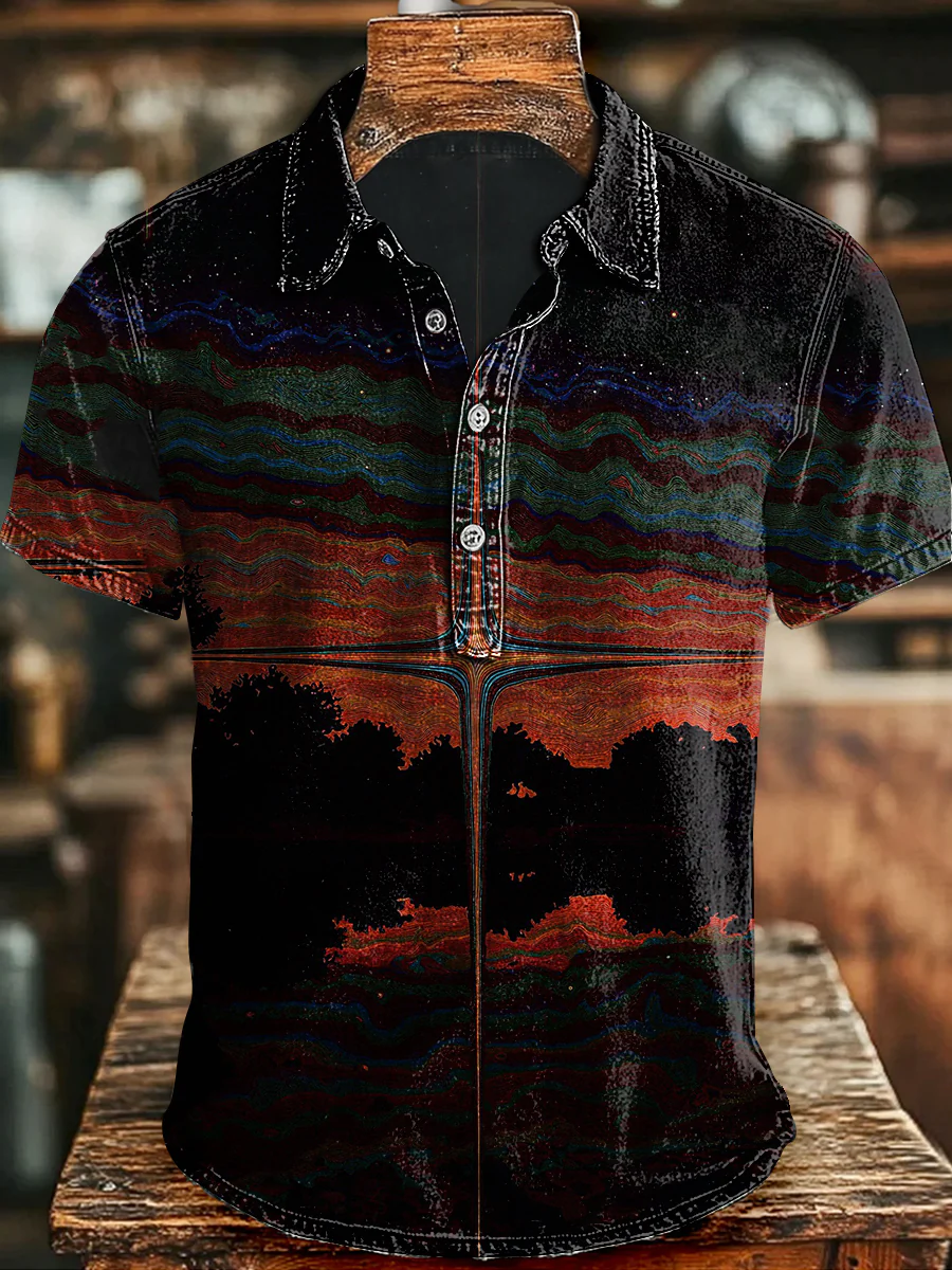 Vintage Glow-in-the-Dark Scenic Print Casual Short-Sleeve Shirt